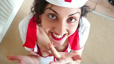 Nurse addicted to cum helps doctor by swallowing his massive load POV